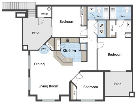 Floor plan for 3 beds, 2 baths, 1128 sqft